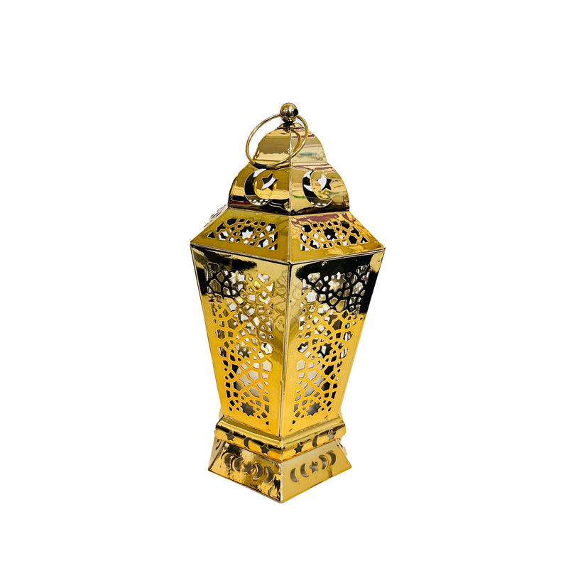 Set of 2 Gold Hexagonal LED Lantern with intricate geometric patterns
