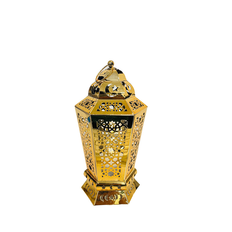 Set of 2 Gold Hexagonal LED Lantern with intricate geometric patterns