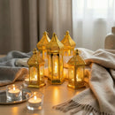 Shiny Gold Tall Mini Hexagon Plastic & Mirrored Glass LED Lantern For Ramadan & Eid