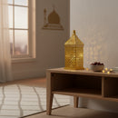 Gold Geometric Metal LED Lantern with Intricate Moon & Star Cutouts (24202-3)