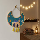 Teal Cresent Moon Wooden Hanging With Mosque Design With Tassel For Ramadan & Eid