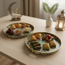 2pc Round Wooden Moroccan Design Serving Tray For Ramadan & Eid