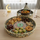 2pc Round Wooden Moroccan Design Serving Tray For Ramadan & Eid