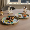 2pc Round Wooden Geometric Mosaic Serving Tray For Ramadan & Eid - teal / blue / white