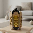 Wooden Shabby Chic Table / Hanging Lantern Decoration - Black / Gold Floral Cut Out