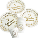 White & Metallic Gold 'Ramadan Kareem' Disposable Paper Plates & Cups
