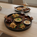 Set of 2 Brown Faux Leather Round Serving Tray with Black Rim and Side Handles (JZ2406)