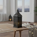 Black Geometric Metal LED Lantern with Intricate Moon & Star Cutouts (24202-1)