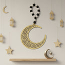 Wooden Ornate Gold Moon With Wooden Bead Hanging
