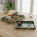 2pc Wooden Geometric Mosaic Wooden Serving Tray For Ramadan & Eid - teal / blue / white