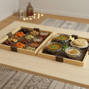 Set of 2 Natural Wood Rectangular Serving Trays with Faux Leather Base & Handles(JZ2405)