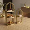 Set of 2 Gold Geometric Tall Minaret Metal Serving Stands with Built-In Wooden Shelves (24610-3)