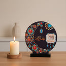Black With Teal Floral Design Round Shape Wooden Ramadan Countdown Calendar Stand