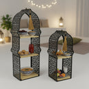 Set of 2 Black Geometric Tall Minaret Metal Serving Stands with Built-In Wooden Shelves (24610-1)