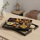 Set of 2 Black Tray Set with Beige Pattern and Faux Leather Handles (JZ2410)