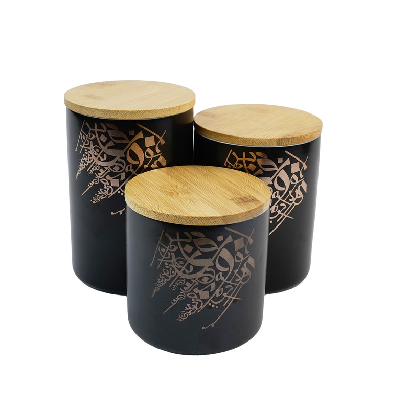3 Set Black Ceramic Calligraphy Design Containers with Wooden Lids(SJ-3054-8)