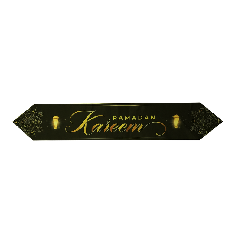 Ramadan Kareem Black Gold Lantern & Mandala Pattern Table Runner
