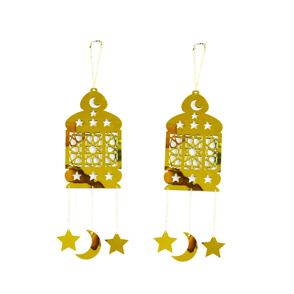 Set of 2 Gold Shiny Wooden Lanterns with Hanging Moon & Star (757-69)