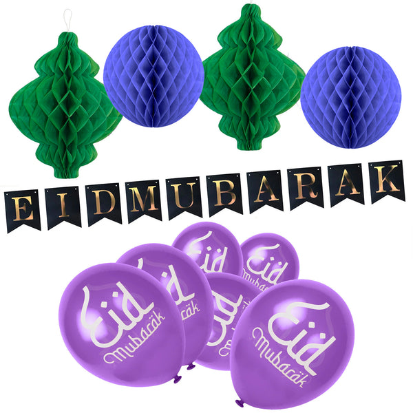 Black & Gold Eid Mubarak Bunting, Green & Purple Lanterns & 15 Green/Red/Purple Balloons