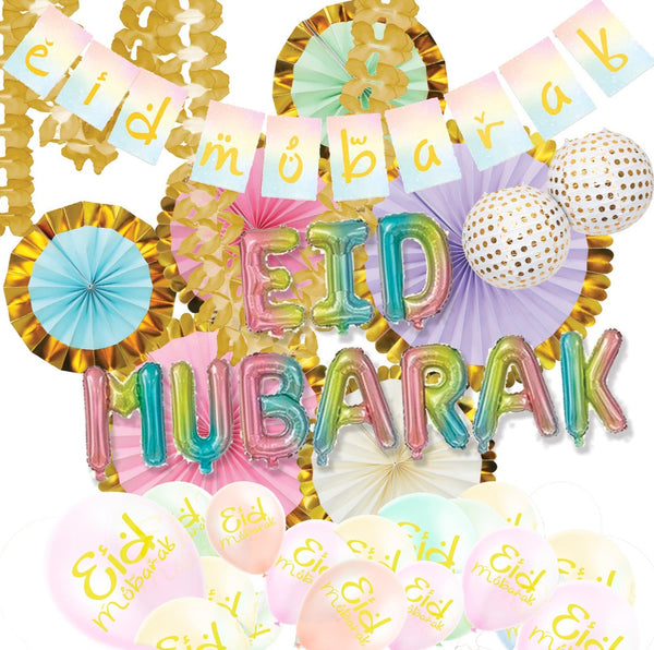 Multicolour Pastel 'Eid Mubarak' Foil Balloons, Card Bunting, Latex Balloons, Paper Garland, Lanterns & Fans Set (Set 23-6)