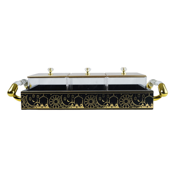 Black/Gold Serving Tray with 3-Compartments with Lids (2319-2)