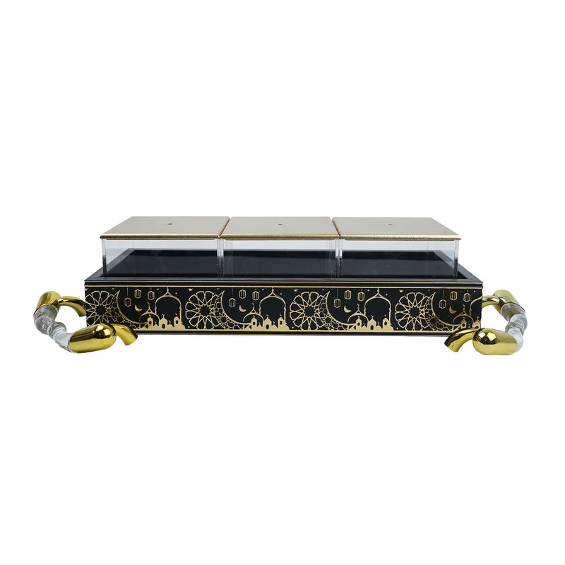 Black/Gold Serving Tray with 3-Compartments with Lids (2319-2)