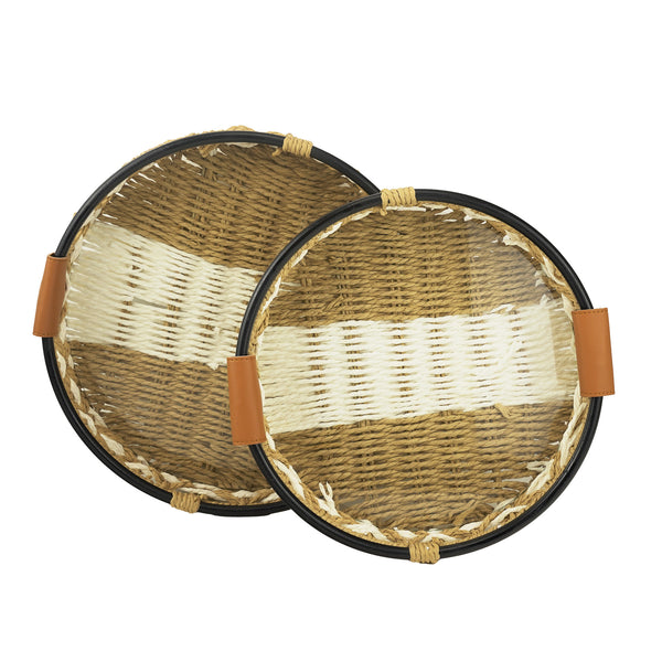 Handwoven Round Serving Trays with Faux Leather Handles – Rustic Design (YT24042-W)