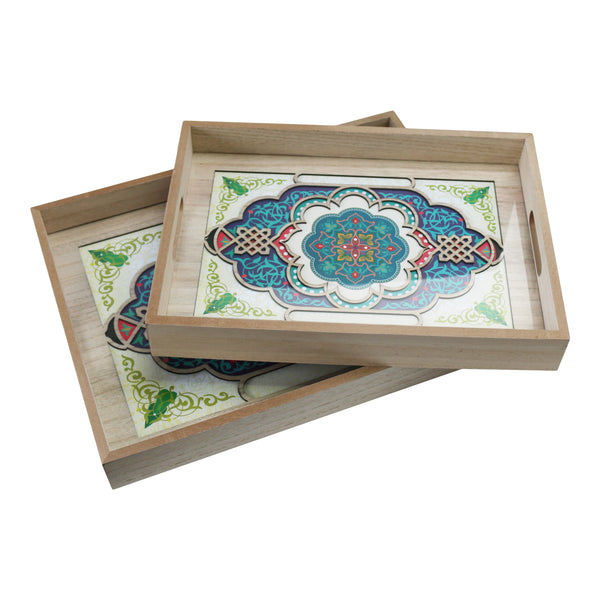 Rectangle Wooden Inlay Iftar Serving Tray Set - Medium & Large Trays