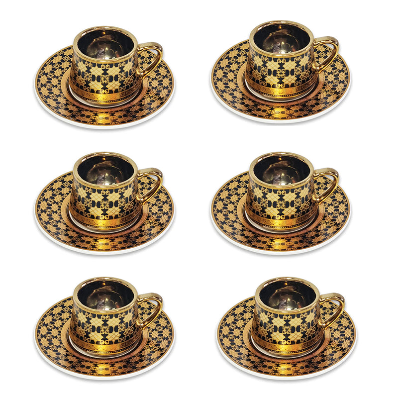 Set of 6 Ceramic Cups & Saucers - Black & Gold Geometric Pattern (C22-21)