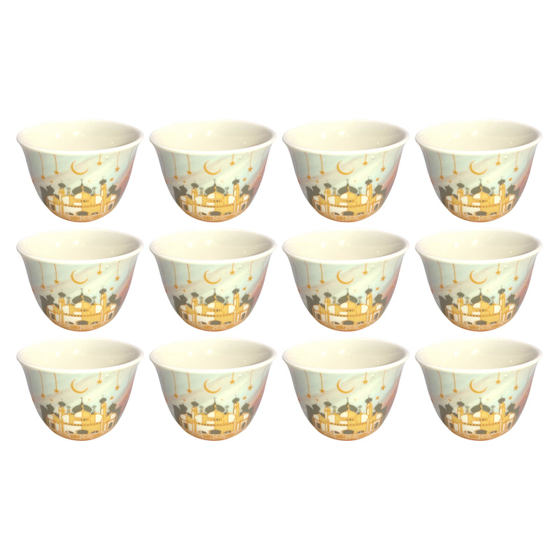 Set of 12 Multicolour Ceramic Cups With Gold Mosque Detailing
