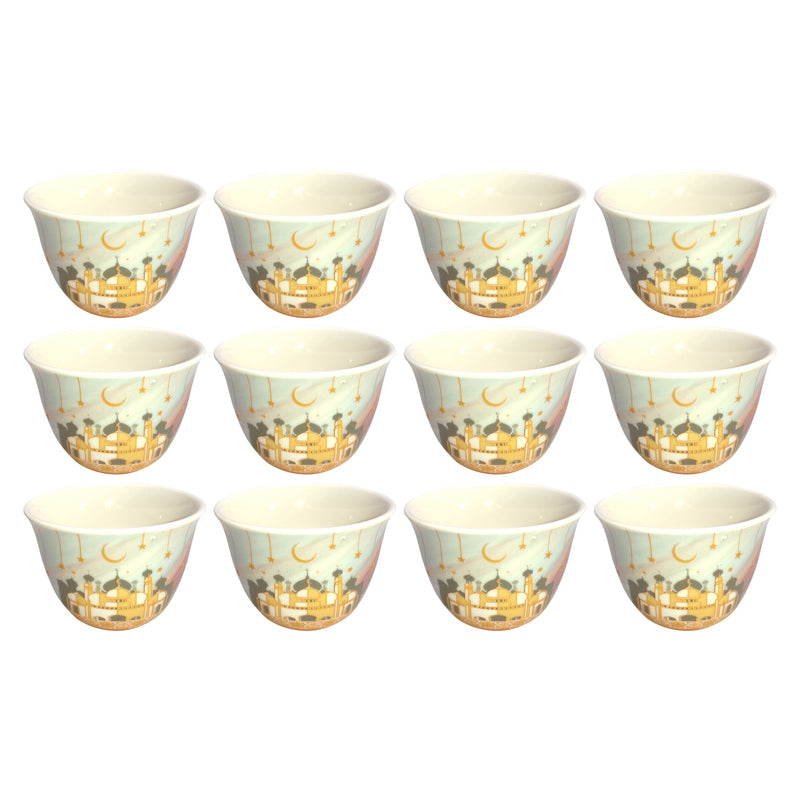 Set of 12 Multicolour Ceramic Cups With Gold Mosque Detailing