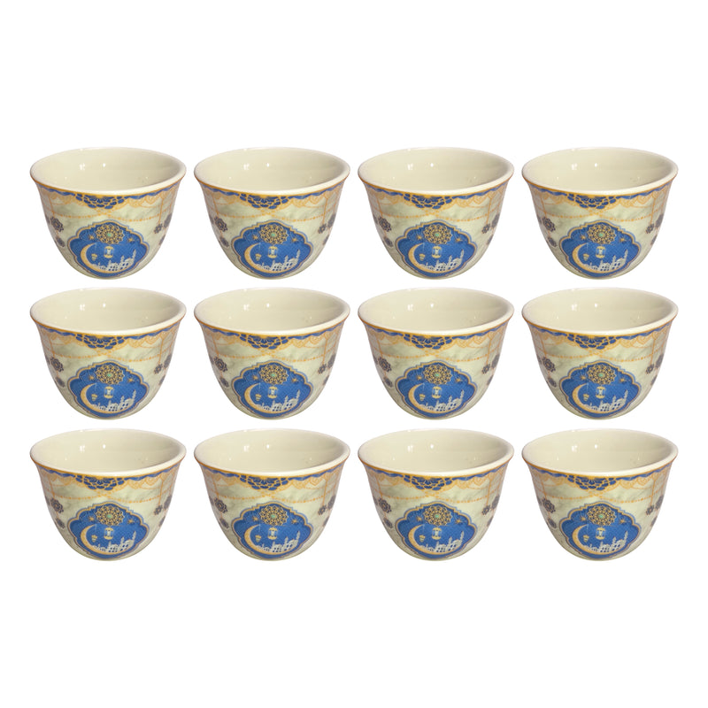 Set of 12 Blue Ceramic Cups With Gold Mosque Detailing
