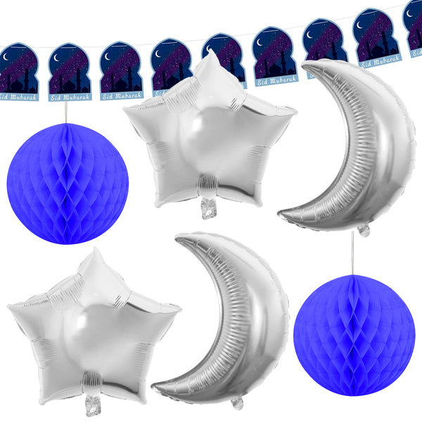 Navy Mosque Bunting, 4pc Foil Moon & Star Balloons + 2pc Blue Honeycombs Decoration SET 12