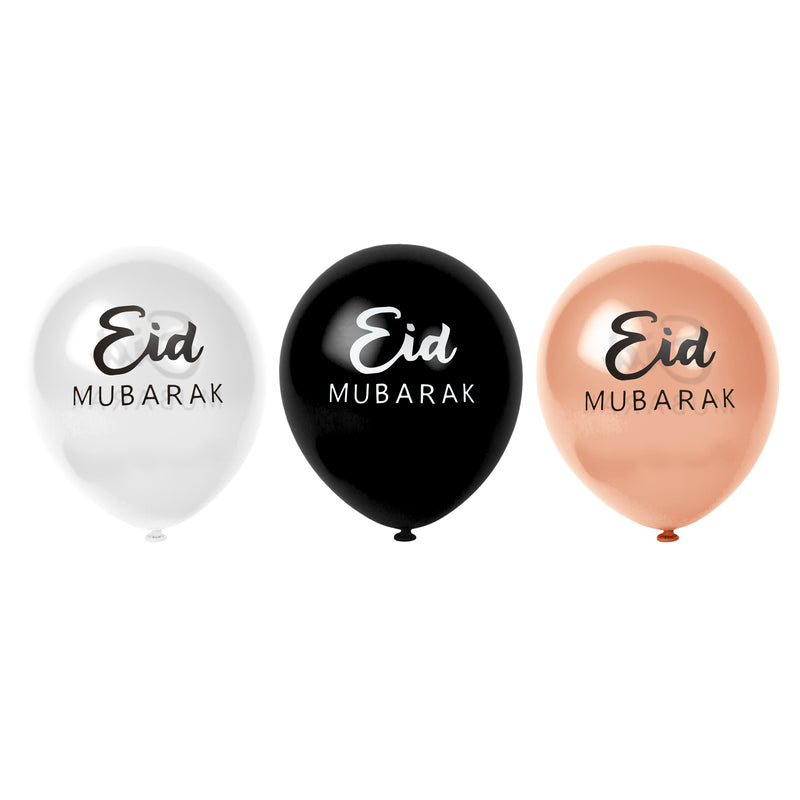 Black, Silver & Rose Gold Eid Mubarak Balloons (15 Pack)