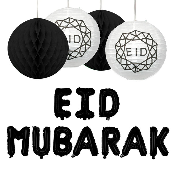 Eid Mubarak Black Foil Balloons & Hanging Honeycomb Balls & Lantern Party Set