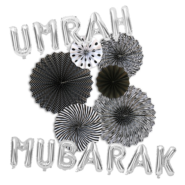 Umrah Mubarak Silver Foil Balloons & Black/White Paper Fans Decorations Set