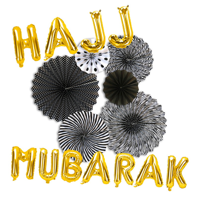 Hajj Mubarak Gold Foil Balloons & Black/White Paper Fans Decorations Set