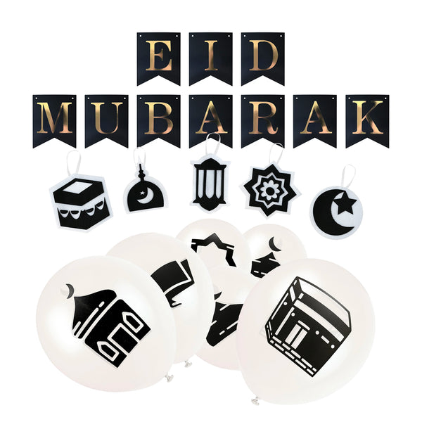 Black & White Eid Mubarak Balloons, Black/Gold Paper, Bunting & Felt Symbols Decoration Set