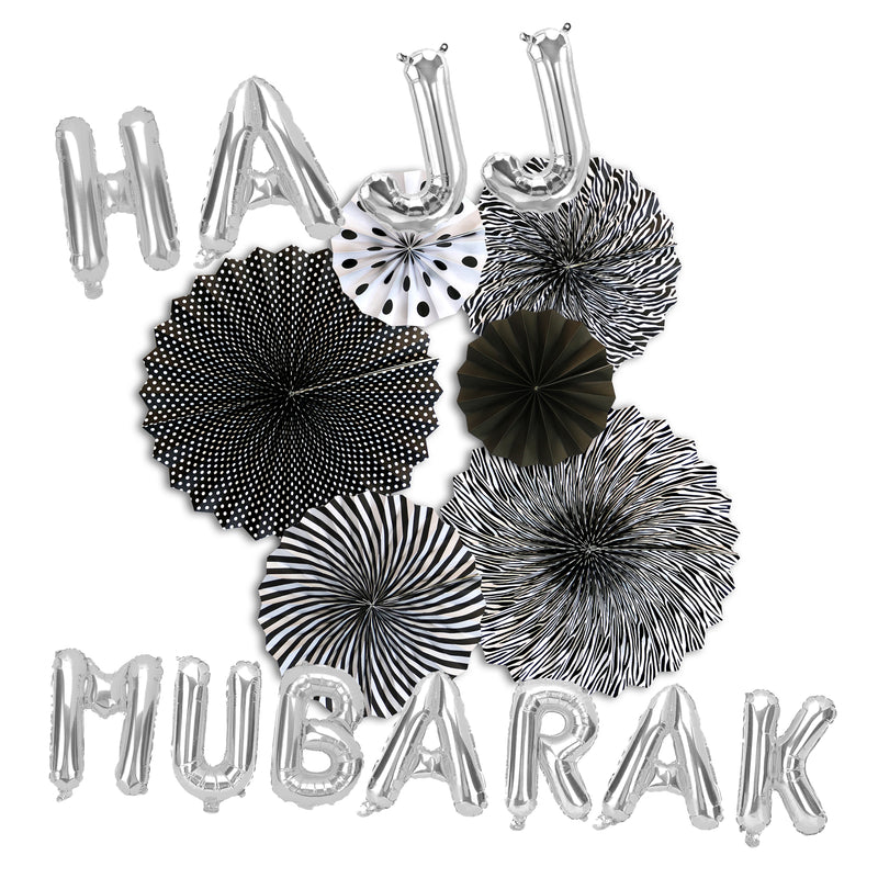 Hajj Mubarak Silver Foil Balloons & Black/White Paper Fans Decorations Set
