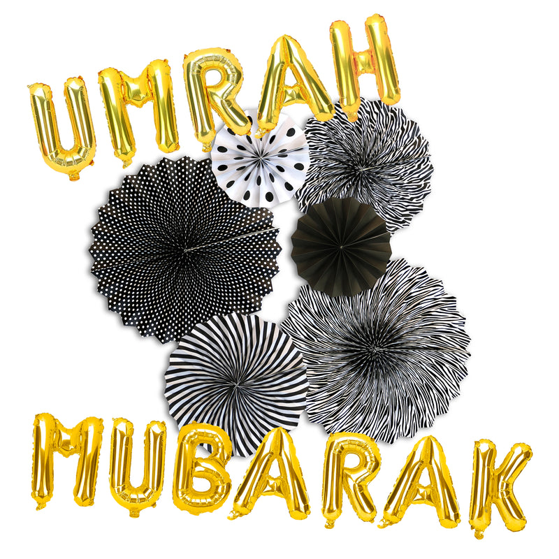 Umrah Mubarak Gold Foil Balloons & Black/White Paper Fans Decorations Set