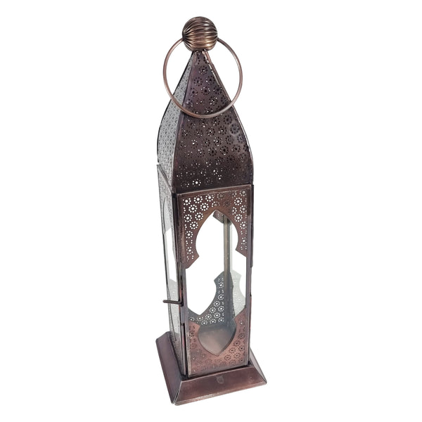 Tall Antique Copper Metal & Glass Tea Light Candle Lantern (02902)