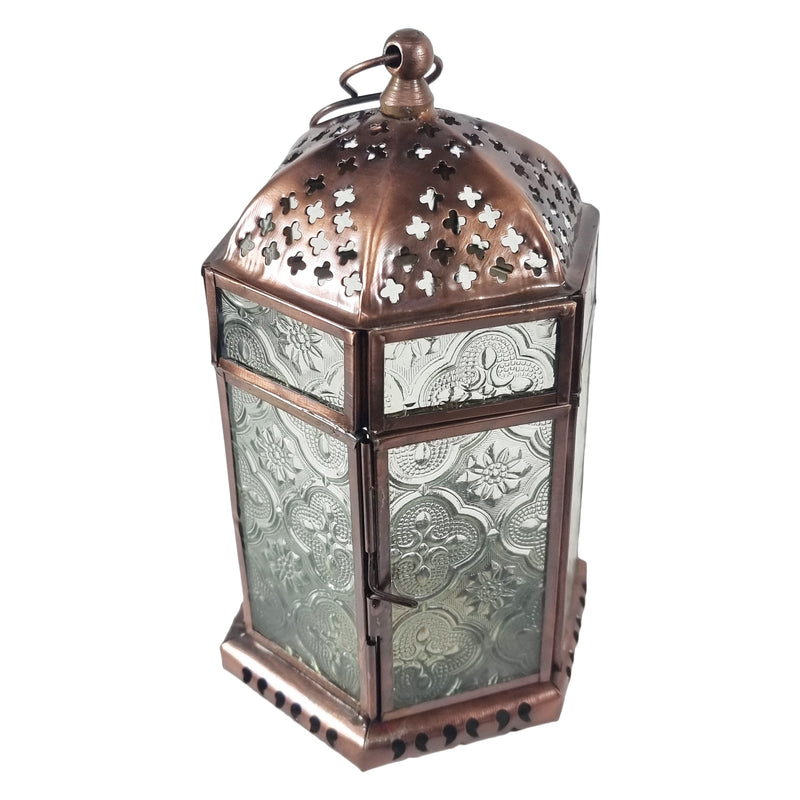 Short Antique Brass Metal & Glass Tea Light Candle Lantern (LAN-548)