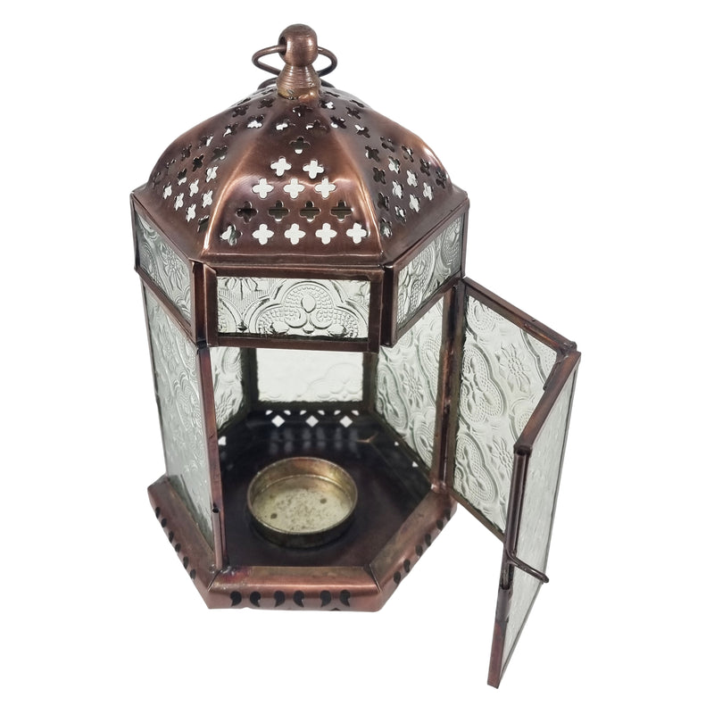 Short Antique Brass Metal & Glass Tea Light Candle Lantern (LAN-548)