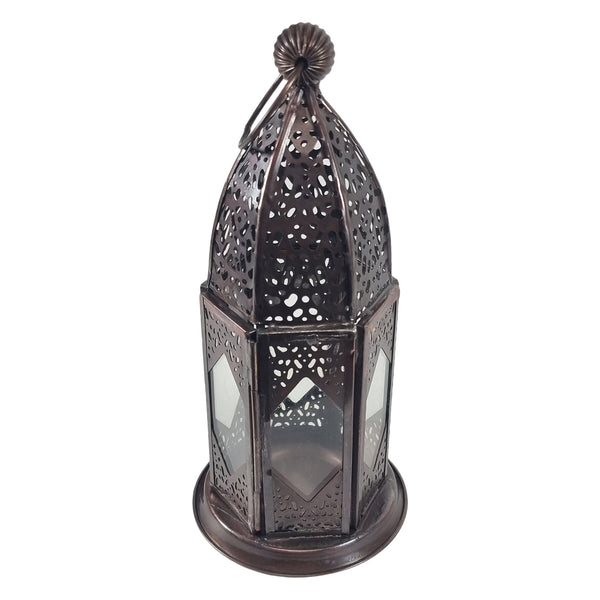 Small Distressed Antique Copper Perforated Iron Metal Tea Light Candle Lantern (02901)