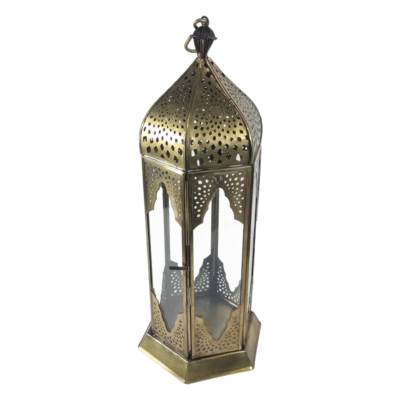 Tall Antique Brass Metal & Glass Tea Light Candle Lantern (L-1036)
