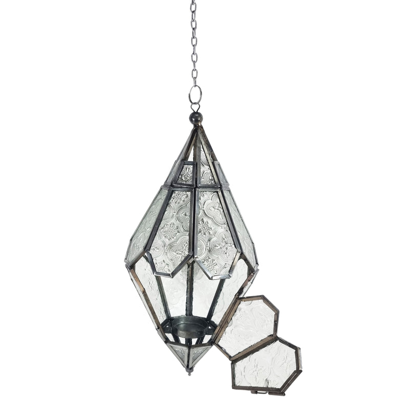 Medium Diamond Zinc Finish Metal Tea Light Candle Hanging Lantern (02916)