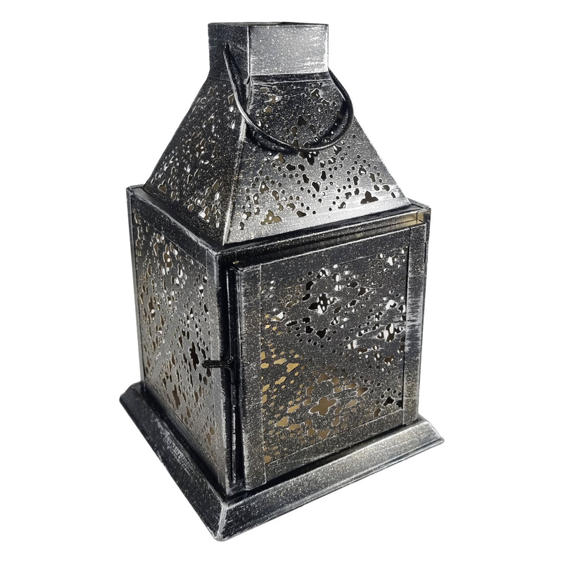 Grey Distressed Finish Perforated Iron Metal Tea Light Candle Lantern (NS-010)