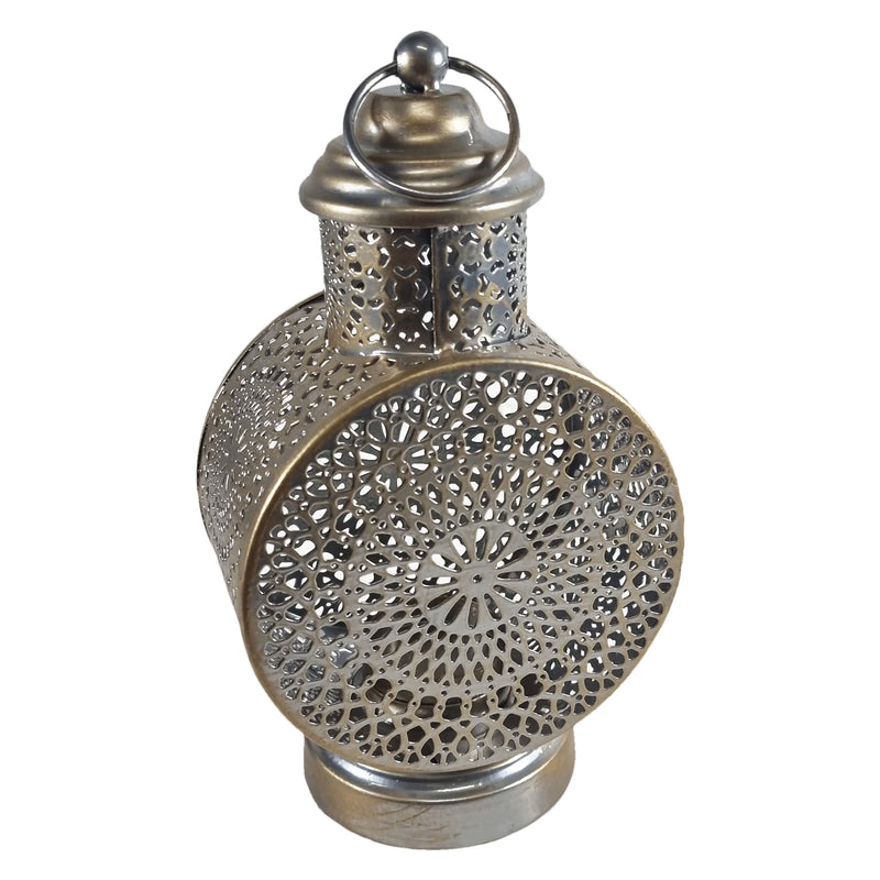 Distressed Gold Finish Perforated Iron Metal Tea Light Candle Lantern (LAN-542)