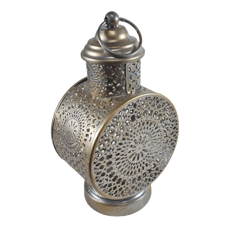 Distressed Gold Finish Perforated Iron Metal Tea Light Candle Lantern (LAN-542)