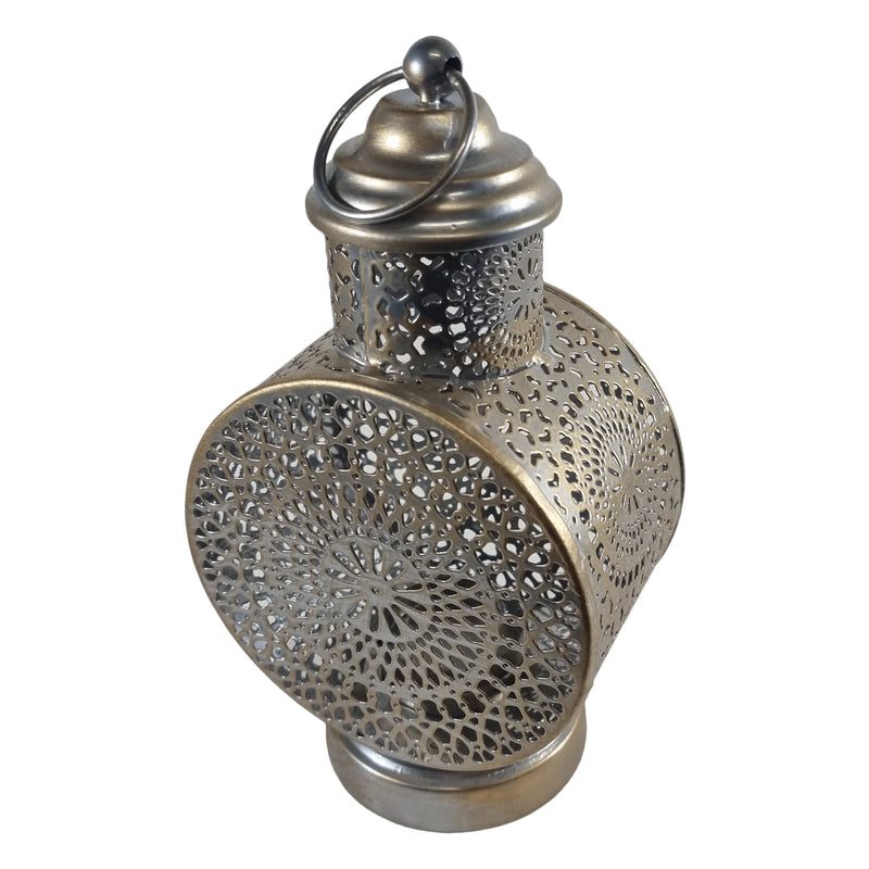 Distressed Gold Finish Perforated Iron Metal Tea Light Candle Lantern (LAN-542)